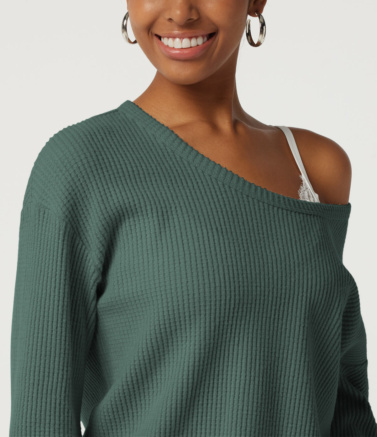Scoop Neck Long Sleeve Waffle Work Sweatshirt — Green Frost — view 5