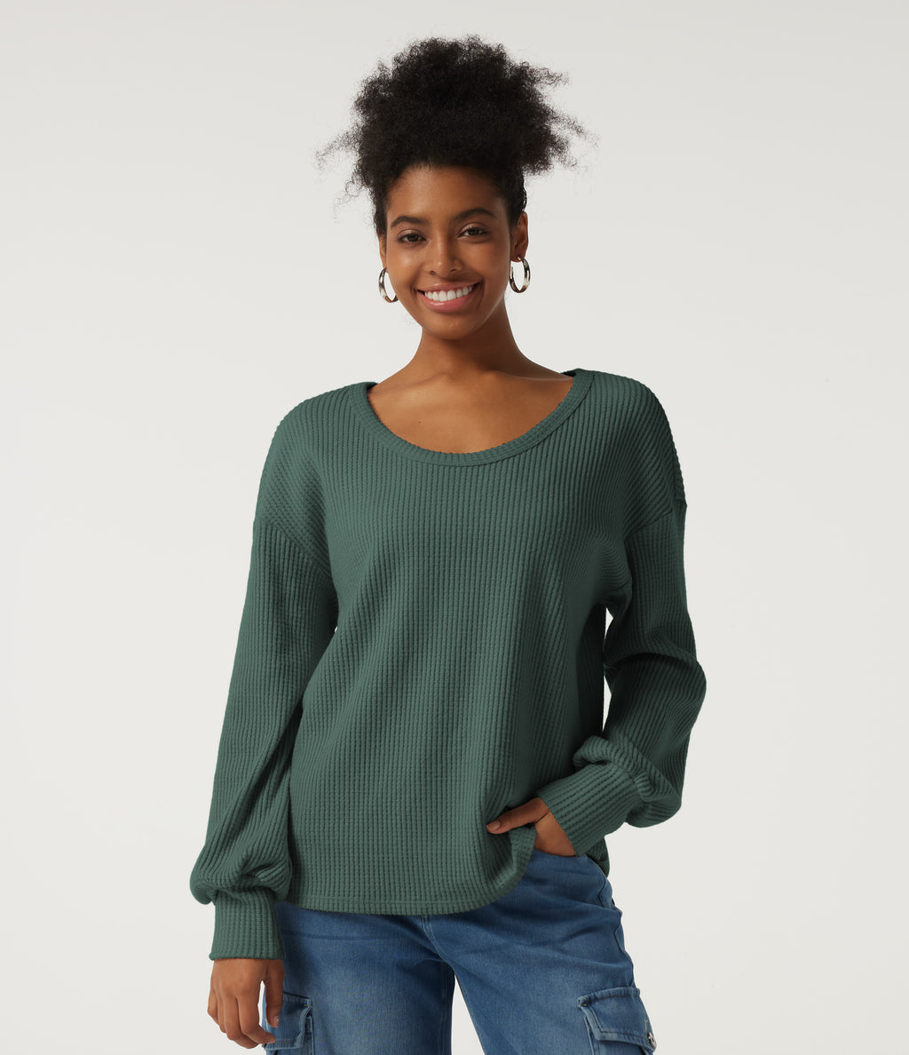 Scoop Neck Long Sleeve Waffle Work Sweatshirt — Green Frost — view 3