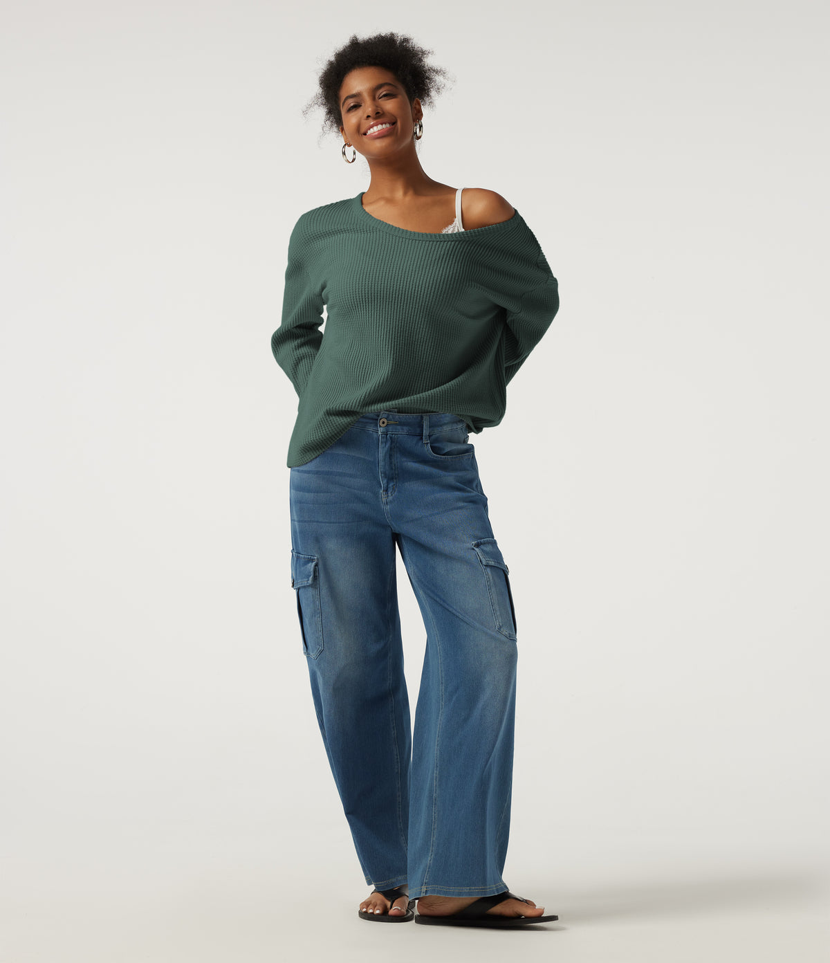 Scoop Neck Long Sleeve Waffle Work Sweatshirt — Green Frost — view 7