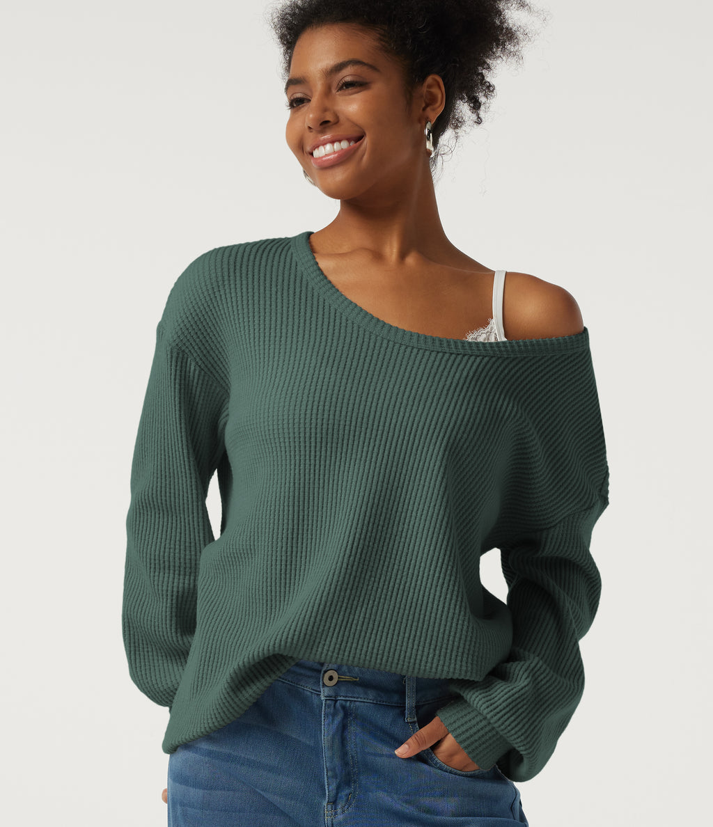 Scoop Neck Long Sleeve Waffle Work Sweatshirt — Green Frost — view 4
