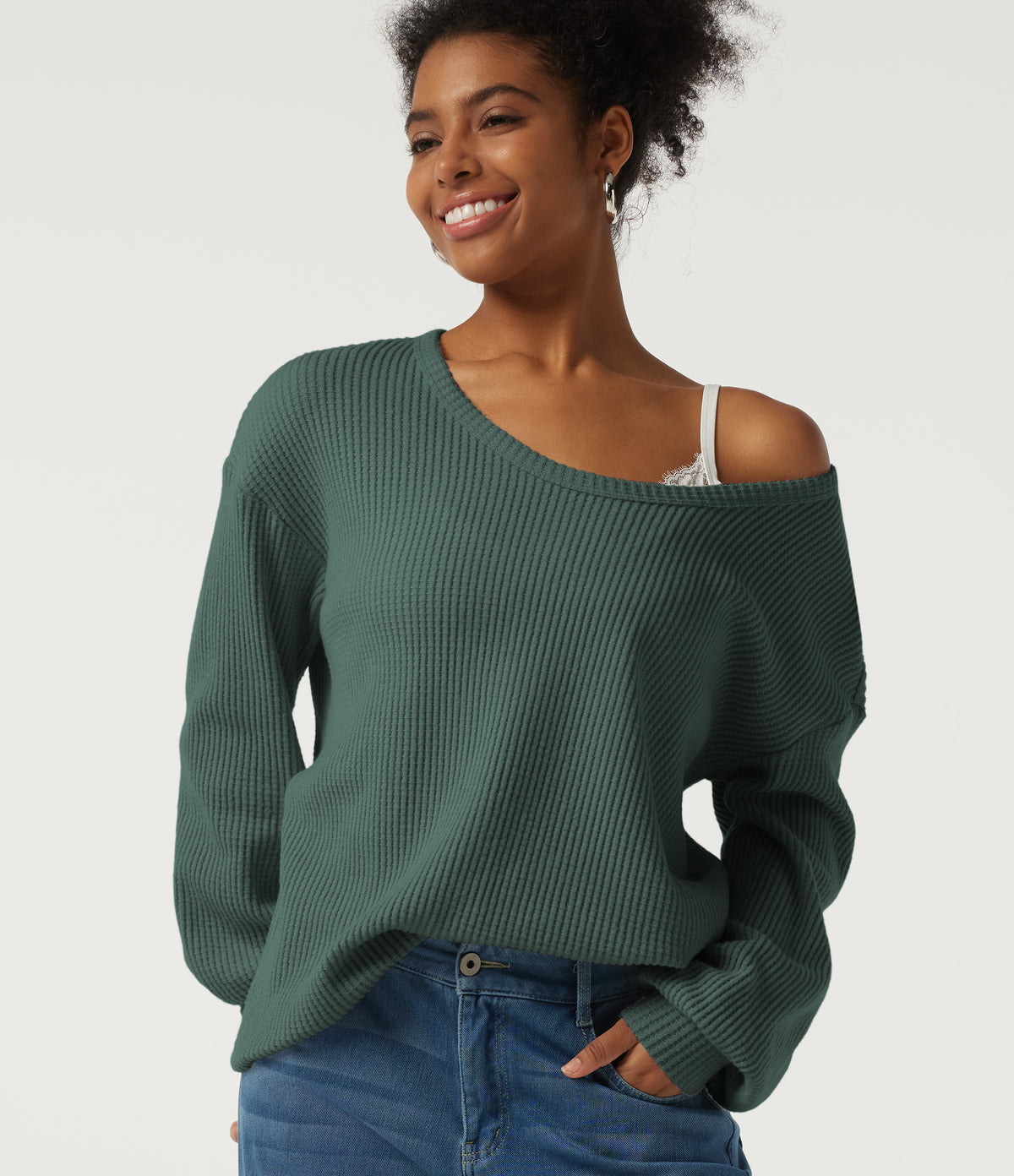 Scoop Neck Long Sleeve Waffle Work Sweatshirt — Green Frost — view 4