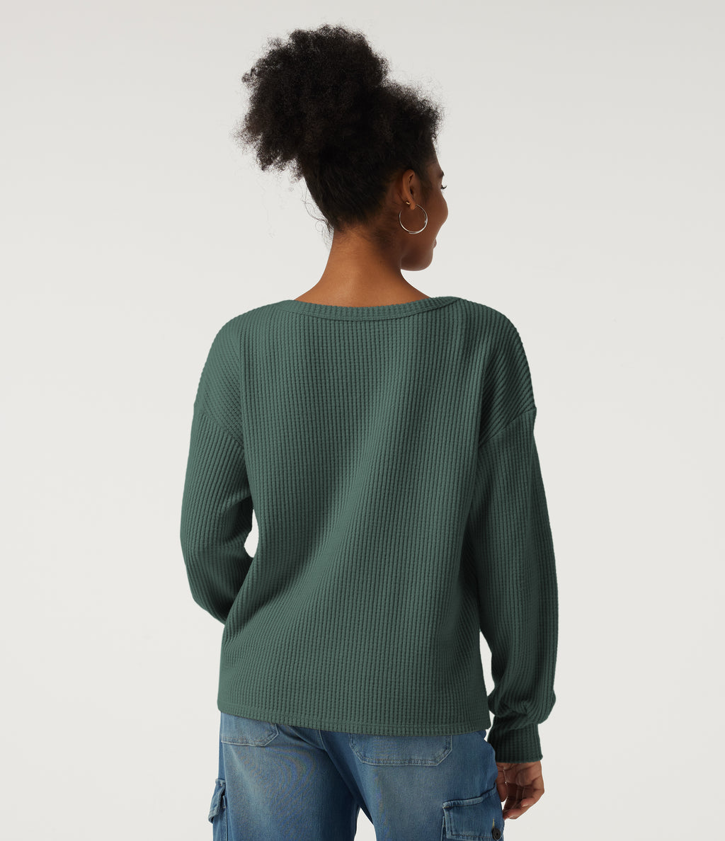 Scoop Neck Long Sleeve Waffle Work Sweatshirt — Green Frost — view 2