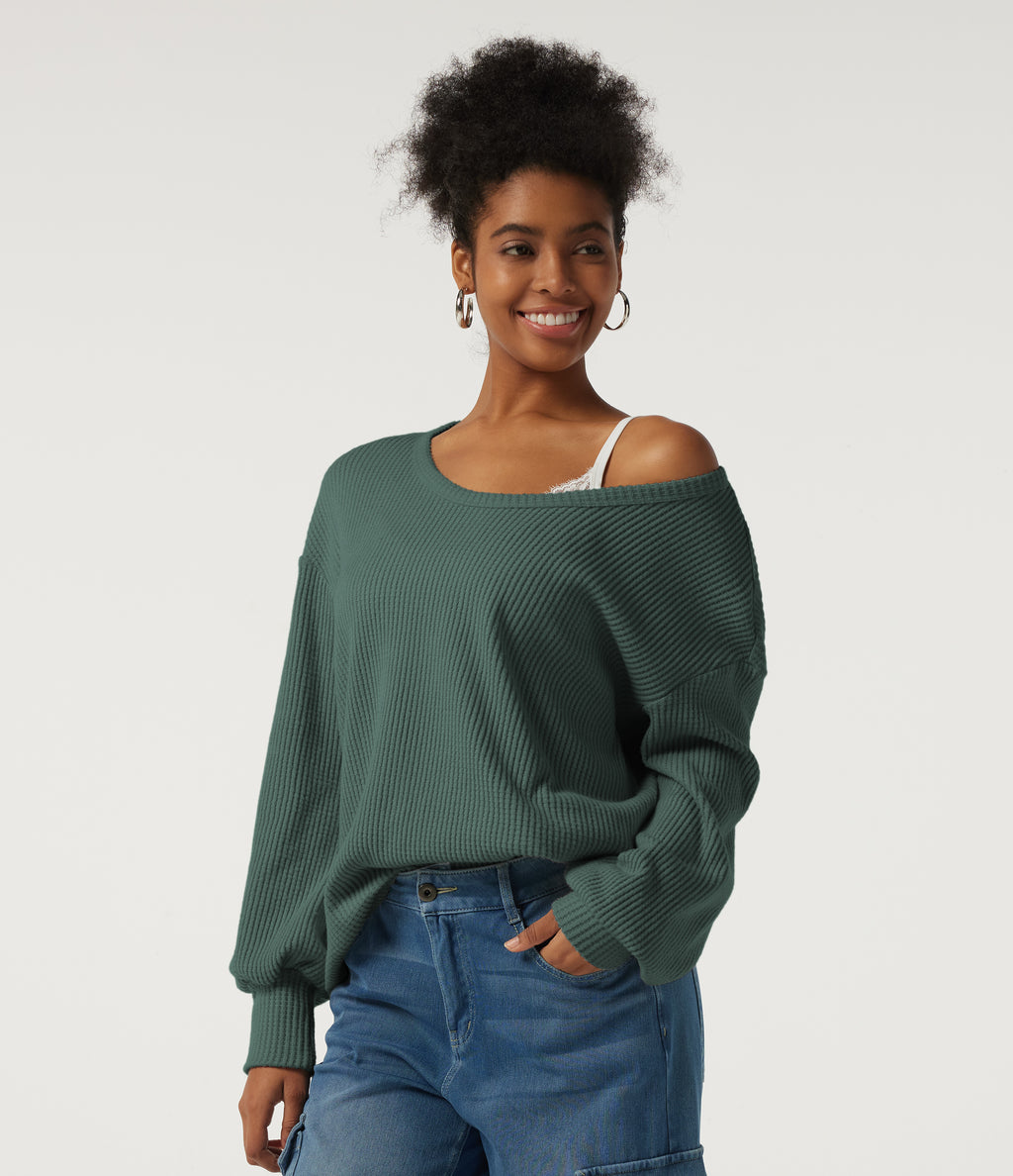 Scoop Neck Long Sleeve Waffle Work Sweatshirt — Green Frost — view 1