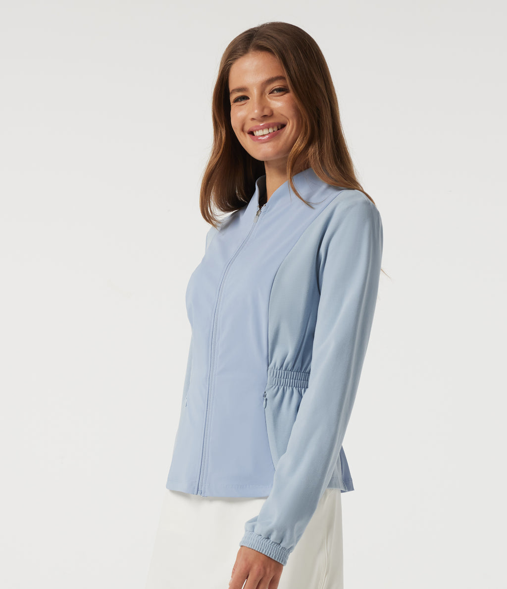 Long Sleeve Ruched Casual Jacket with Pockets — Subdued Blue — view 3
