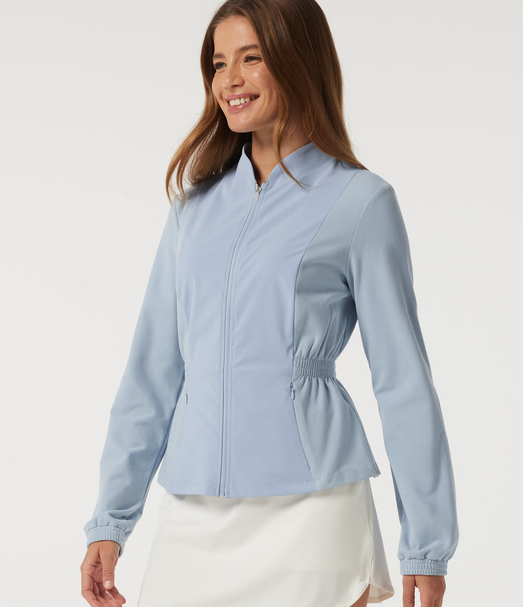 Long Sleeve Ruched Casual Jacket with Pockets — Subdued Blue — view 4