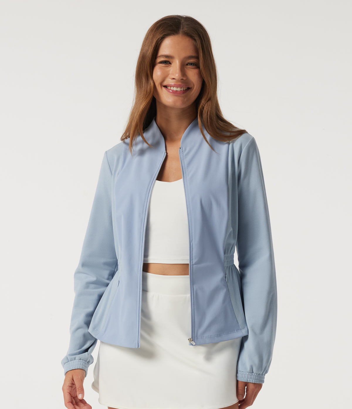 Long Sleeve Ruched Casual Jacket with Pockets — Subdued Blue — view 1