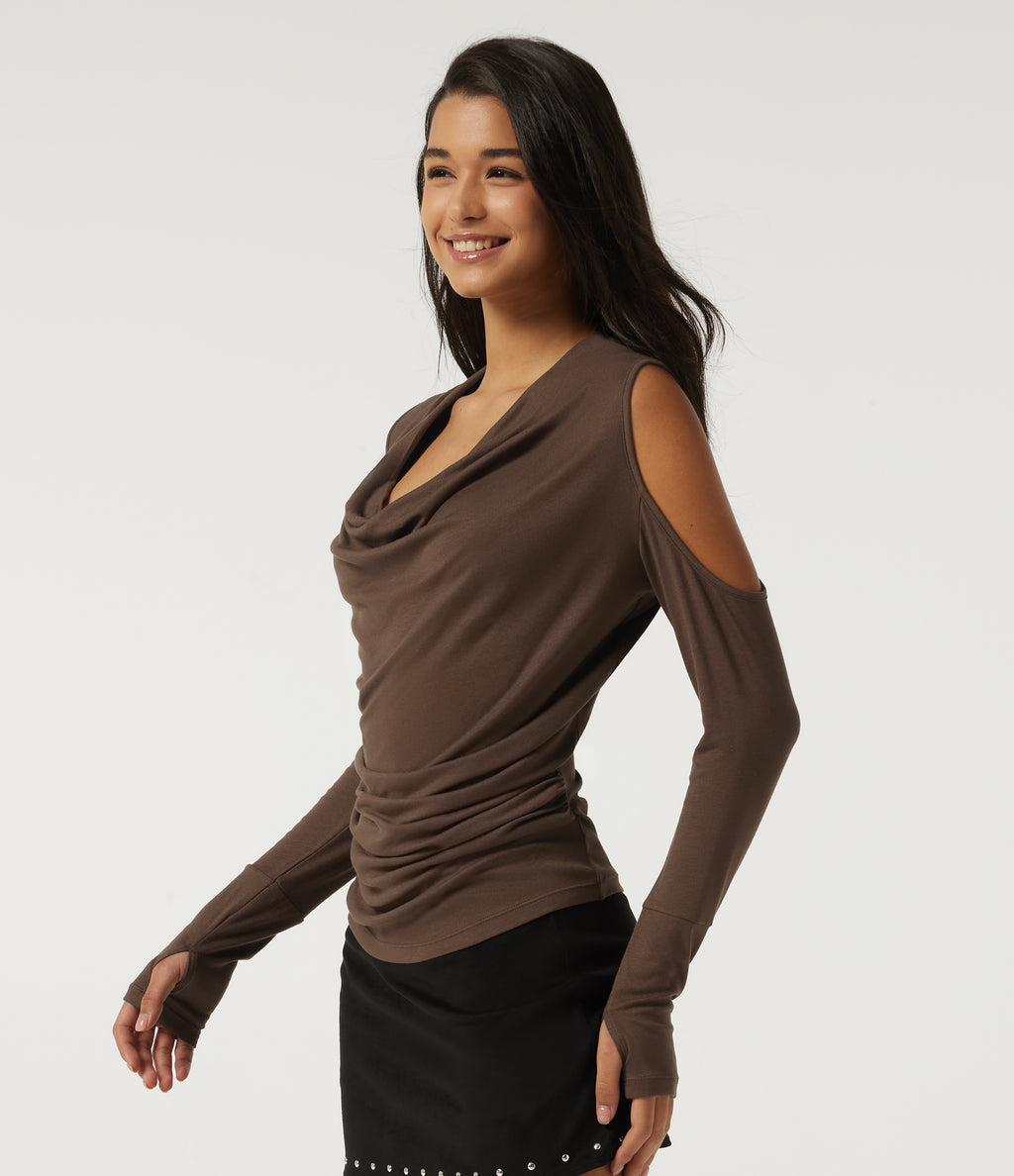 Cowl Neck Long Sleeve Casual Top — Fondue Fudge — view 3