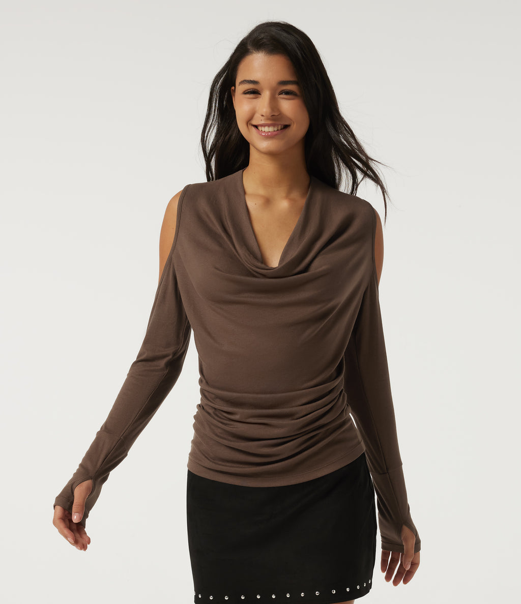 Cowl Neck Long Sleeve Casual Top — Fondue Fudge — view 4