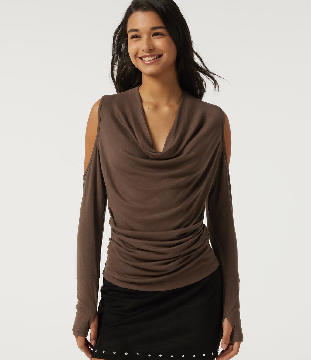 Cowl Neck Long Sleeve Casual Top — Fondue Fudge — view 1