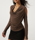 Cowl Neck Long Sleeve Casual Top — Fondue Fudge — view 5