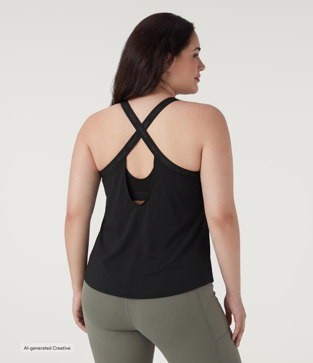 Plus Size U Neck Built-in Bra Curved Hem InstantCool Yoga Tank Top-UPF50+ — Black — view 6