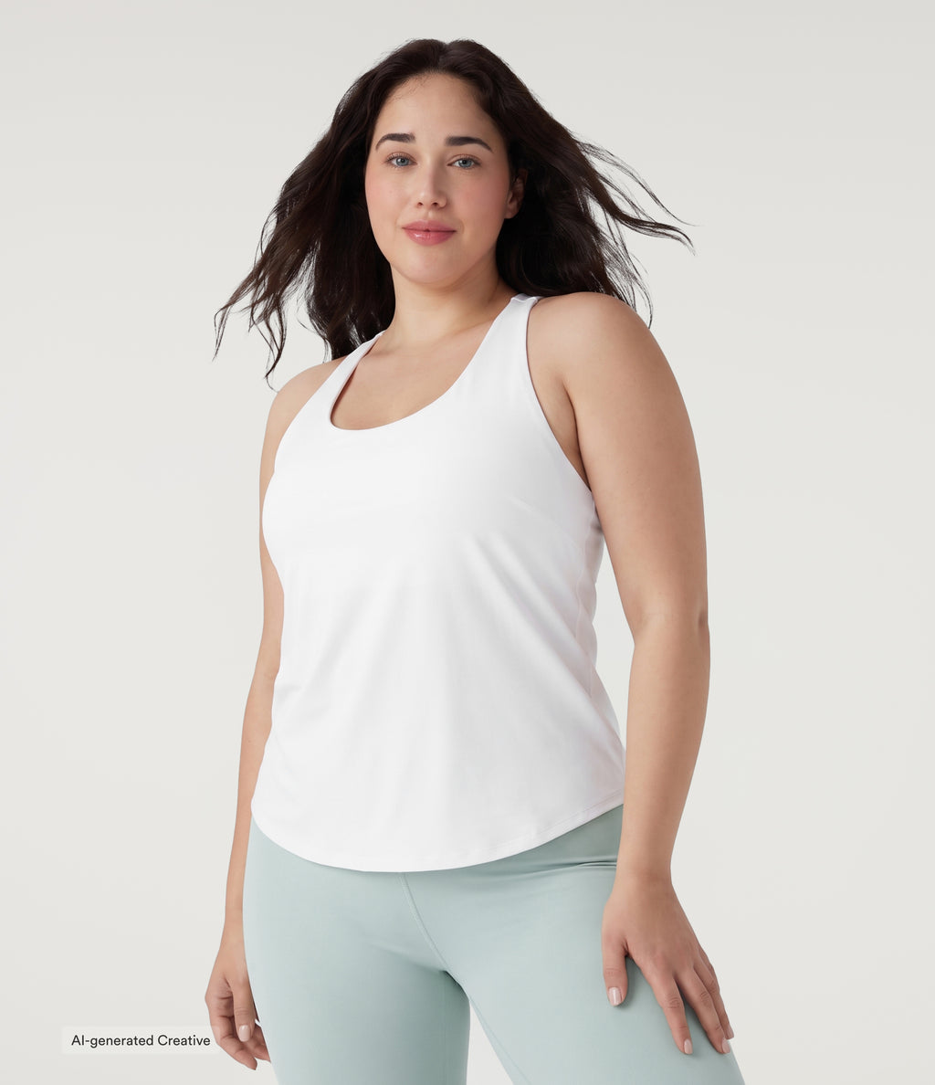Plus Size U Neck Built-in Bra Curved Hem InstantCool Yoga Tank Top-UPF50+ — White — view 3