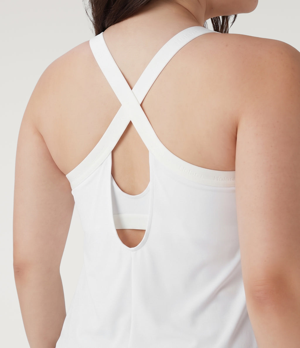 Plus Size U Neck Built-in Bra Curved Hem InstantCool Yoga Tank Top-UPF50+ — White — view 4