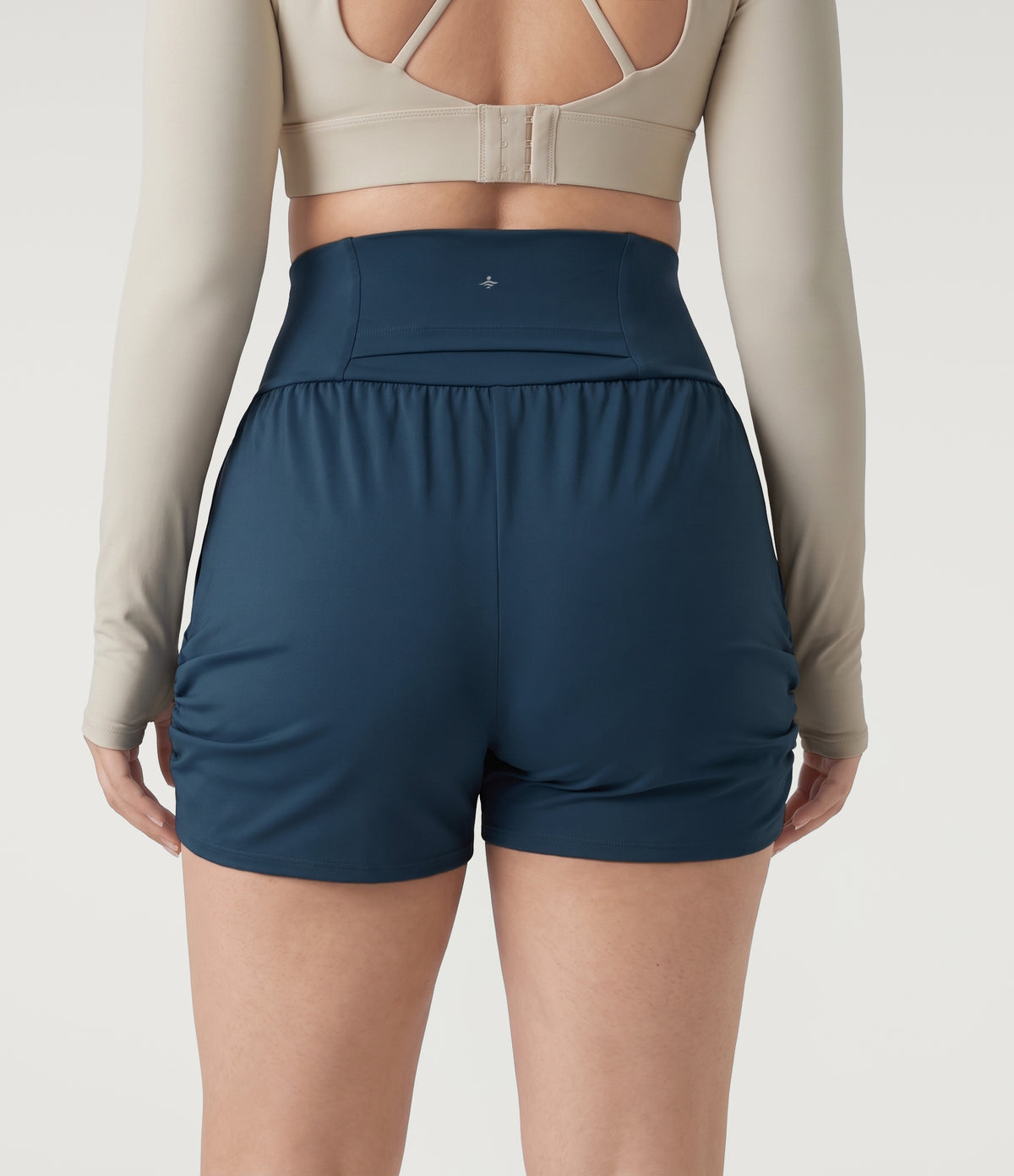 Plus Size Airy High Waisted Ruched InstantCool Yoga Shorts 3'' with Pockets — Majolica Blue — view 2