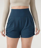 Plus Size Airy High Waisted Ruched InstantCool Yoga Shorts 3'' with Pockets — Majolica Blue — view 1