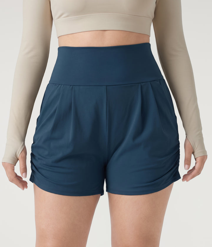 Plus Size Airy High Waisted Ruched InstantCool Yoga Shorts 3'' with Pockets — Majolica Blue — view 1