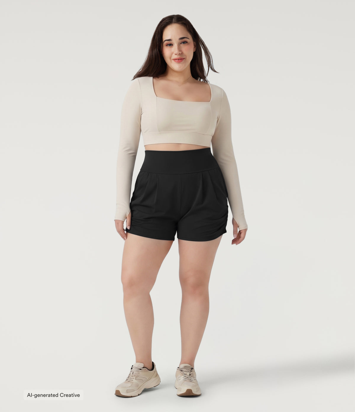 Plus Size Airy High Waisted Ruched InstantCool Yoga Shorts 3'' with Pockets — Black — additional view