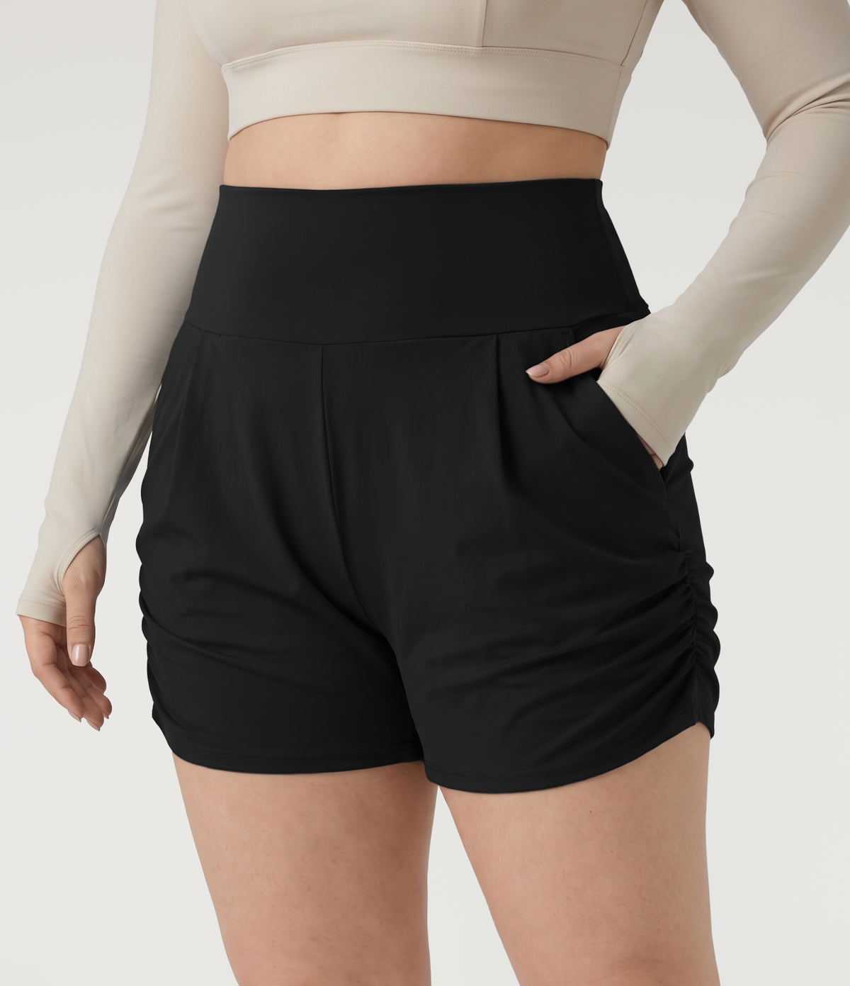 Plus Size Airy High Waisted Ruched InstantCool Yoga Shorts 3'' with Pockets — Black — additional view