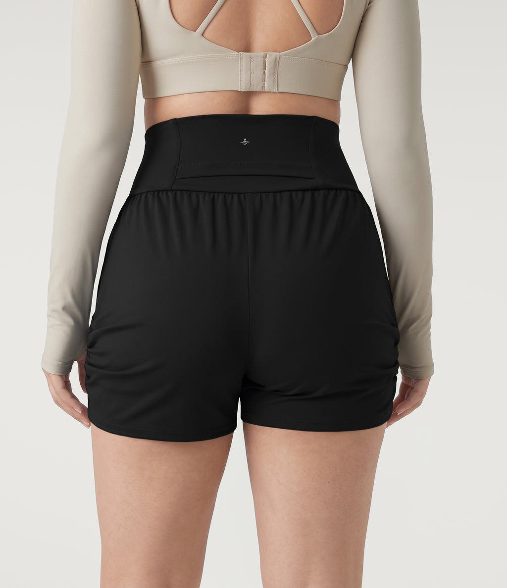 Plus Size Airy High Waisted Ruched InstantCool Yoga Shorts 3'' with Pockets — Black — additional view