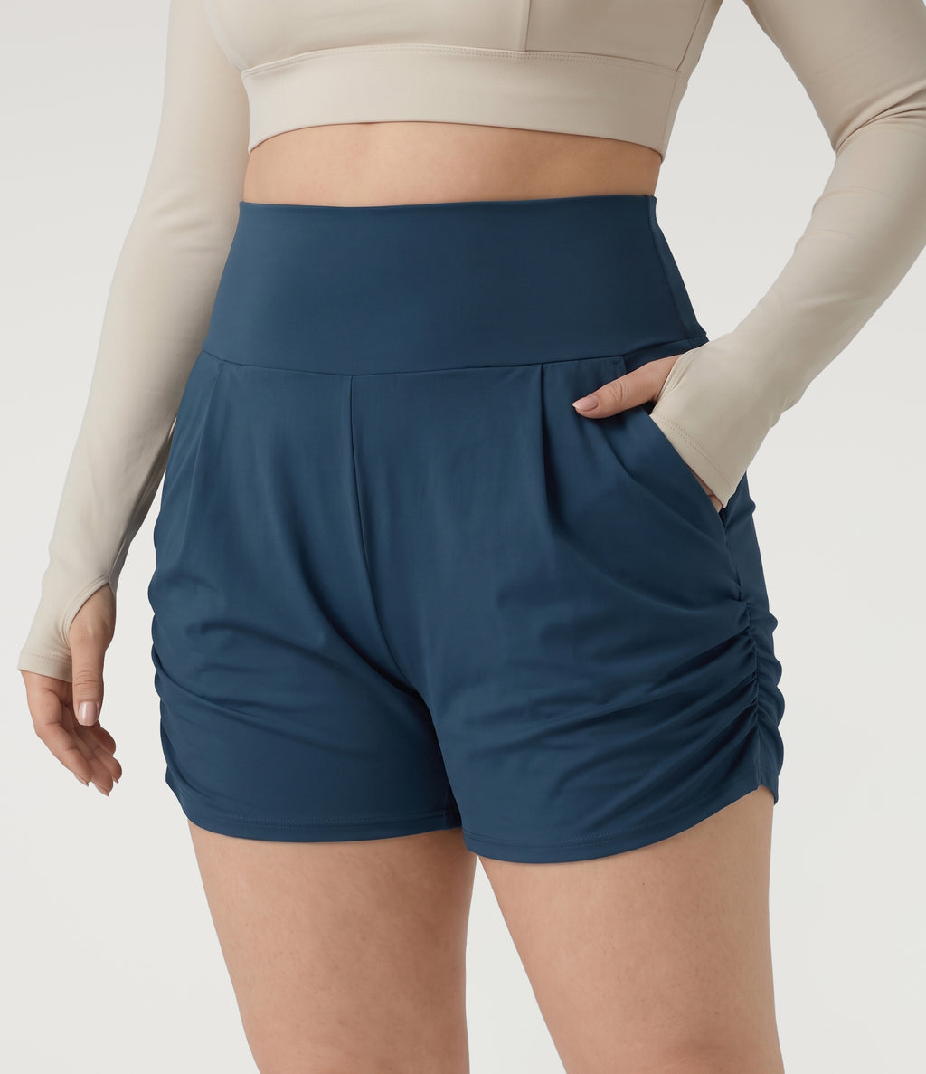 Plus Size Airy High Waisted Ruched InstantCool Yoga Shorts 3'' with Pockets — Majolica Blue — view 3