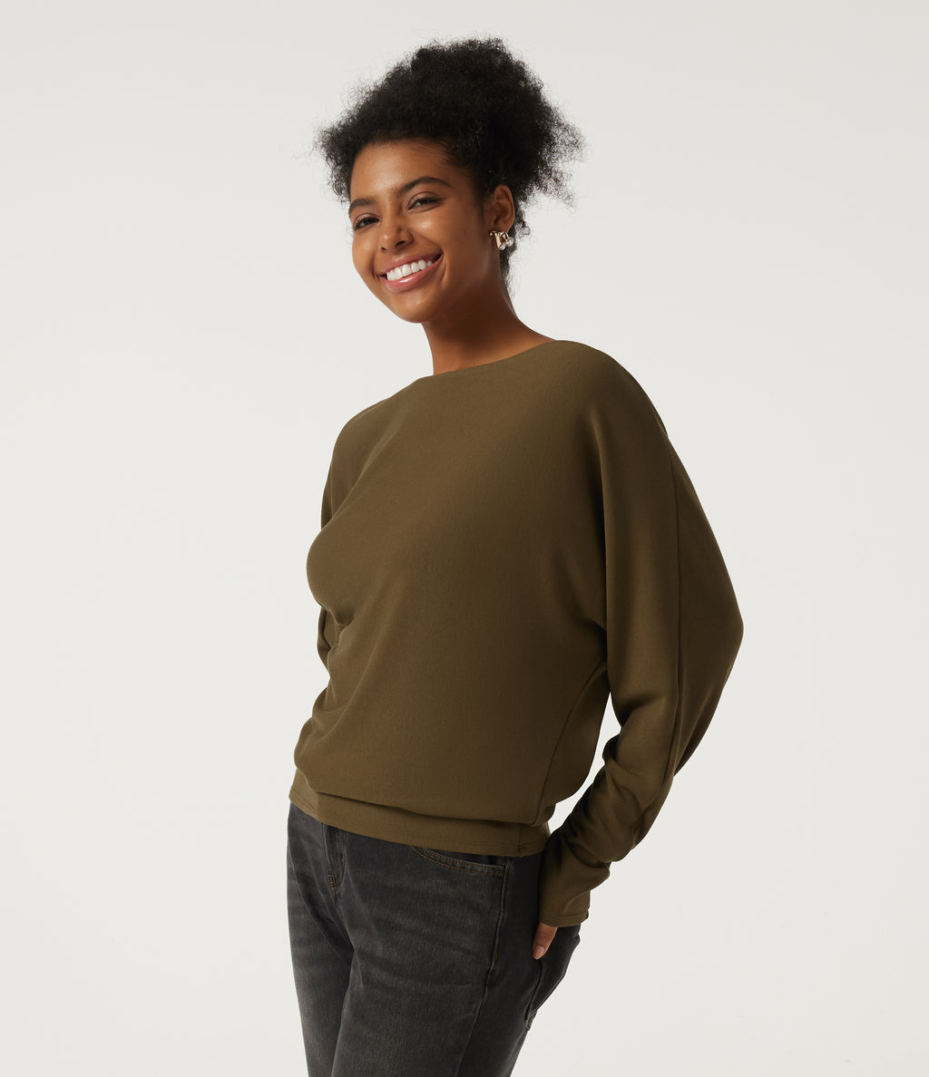 Boat Neck Batwing Long Sleeve Thermal Casual Top — Dark Earth — view 3