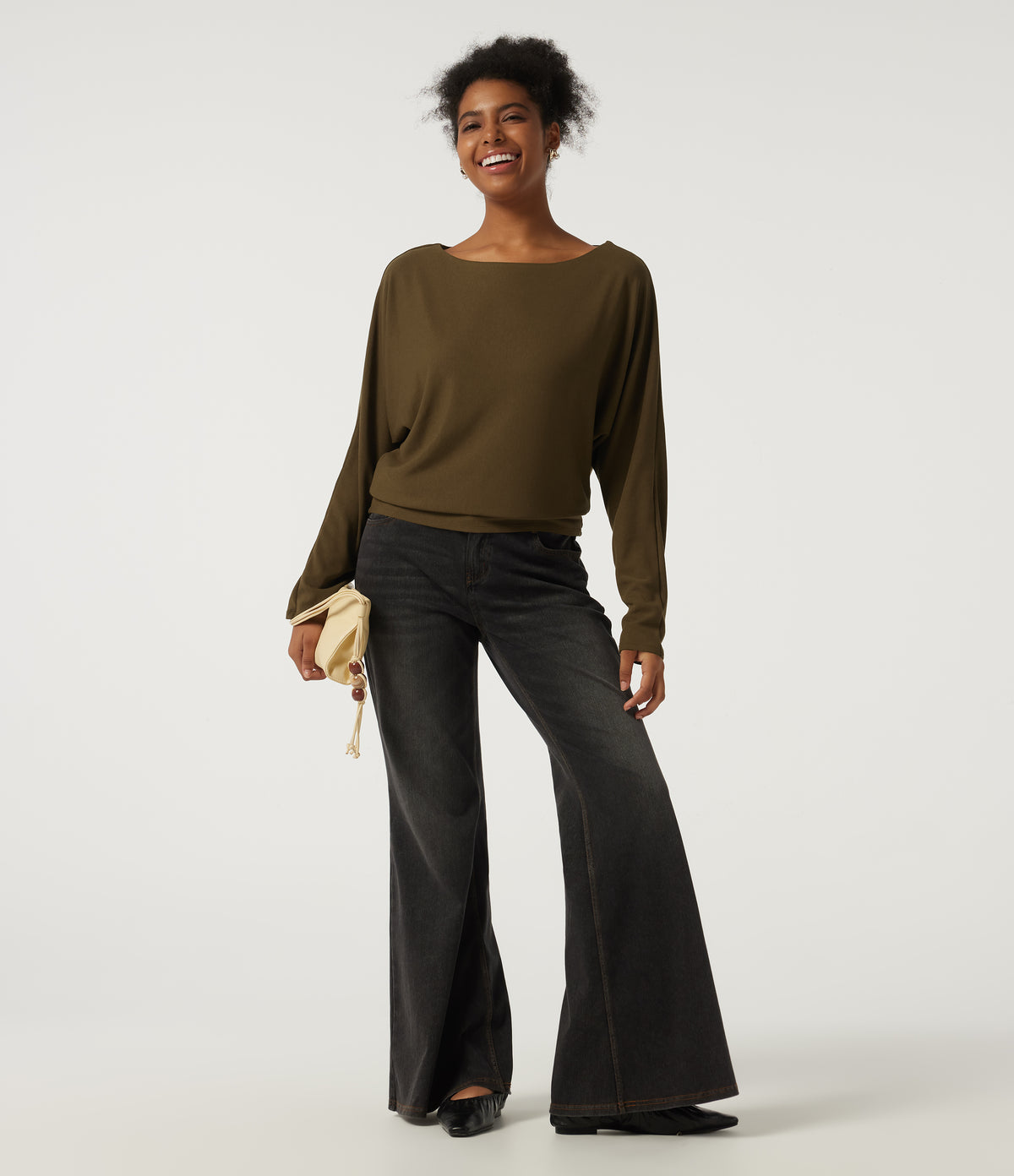 Boat Neck Batwing Long Sleeve Thermal Casual Top — Dark Earth — view 7