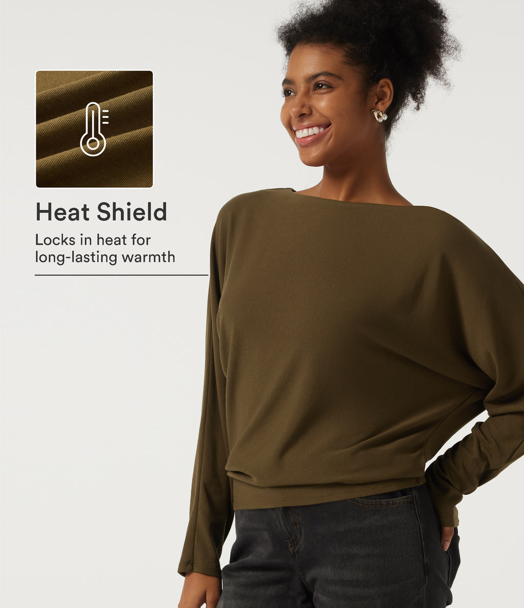 Boat Neck Batwing Long Sleeve Thermal Casual Top — Dark Earth — view 1