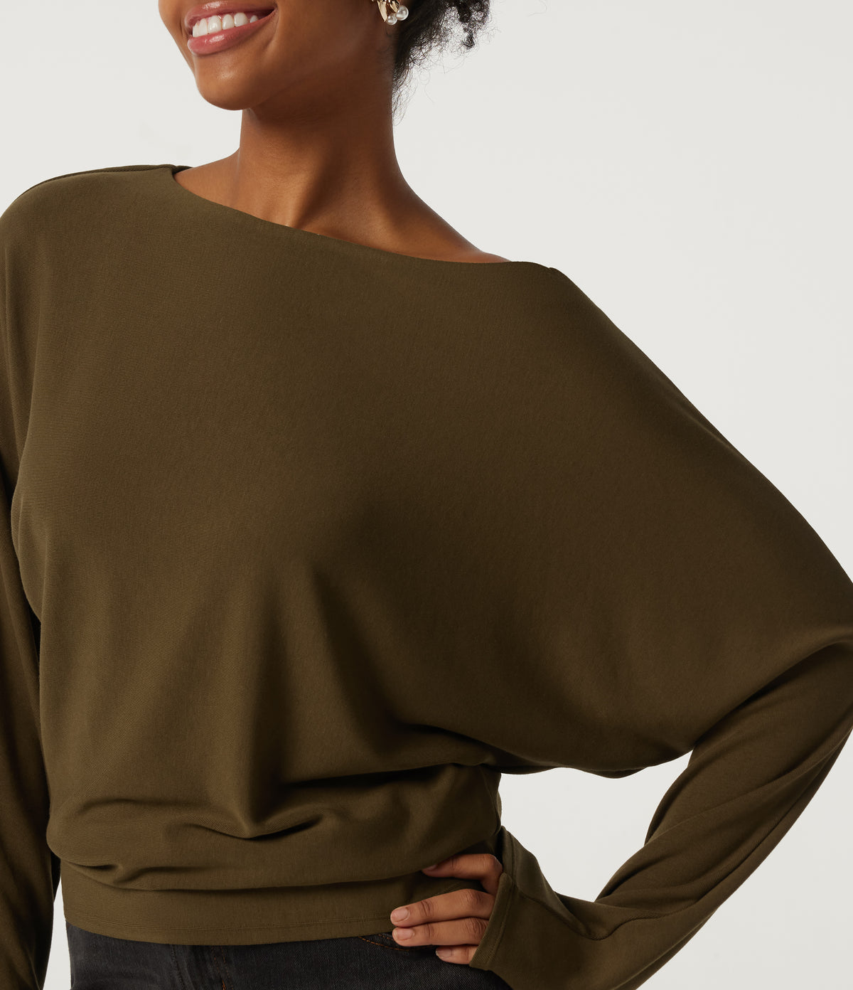 Boat Neck Batwing Long Sleeve Thermal Casual Top — Dark Earth — view 5