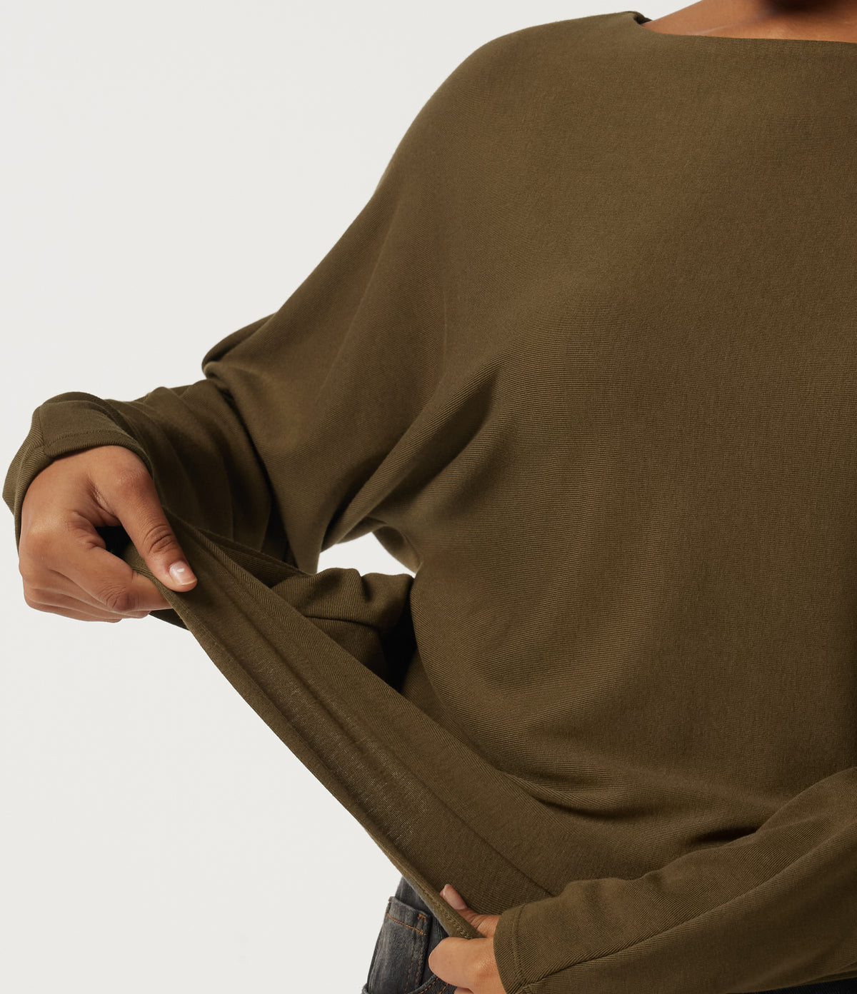 Boat Neck Batwing Long Sleeve Thermal Casual Top — Dark Earth — view 6