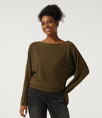 Boat Neck Batwing Long Sleeve Thermal Casual Top — Dark Earth — view 4