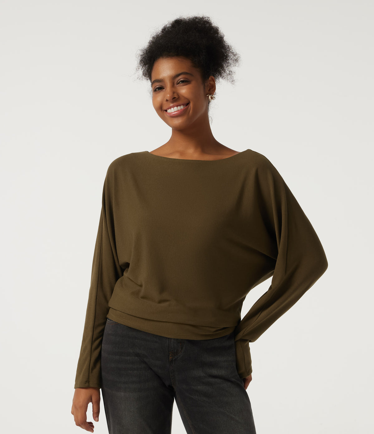 Boat Neck Batwing Long Sleeve Thermal Casual Top — Dark Earth — view 4