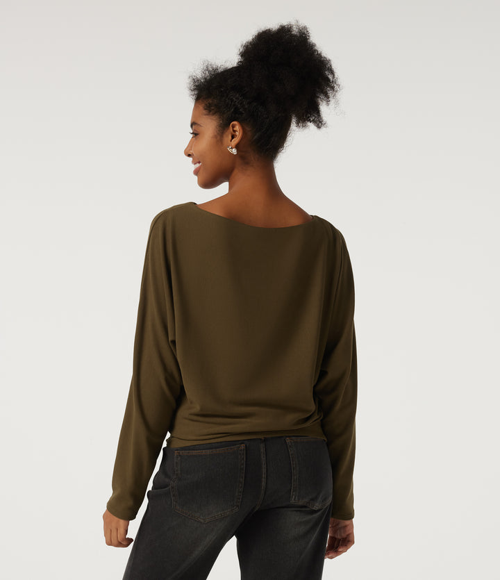 Boat Neck Batwing Long Sleeve Thermal Casual Top — Dark Earth — view 2