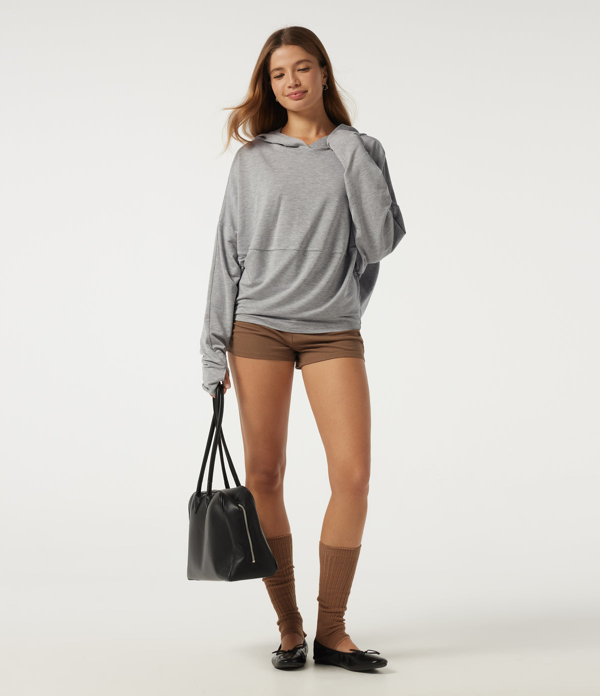 Hooded Long Sleeve Casual Sweatshirt with Thumbholes — Mottled Grey — view 7