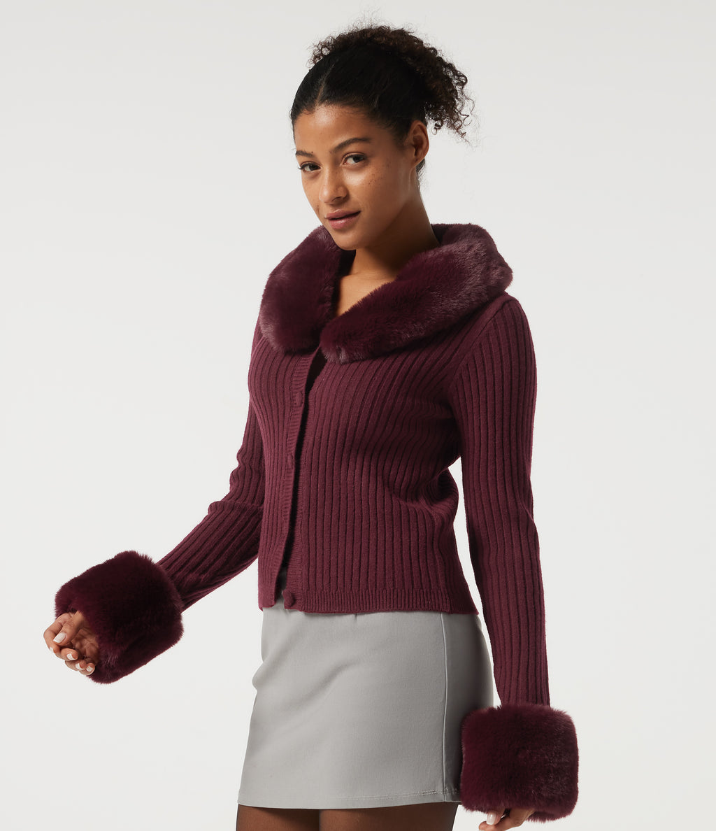 Ribbed Knit Round Neck Long Sleeve Casual Cardigan — Zinfandel — view 3