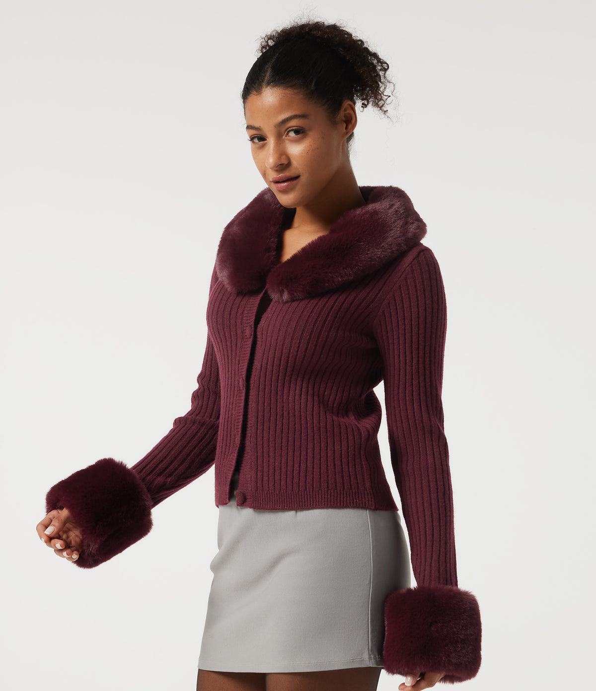 Ribbed Knit Round Neck Long Sleeve Casual Cardigan — Zinfandel — view 3