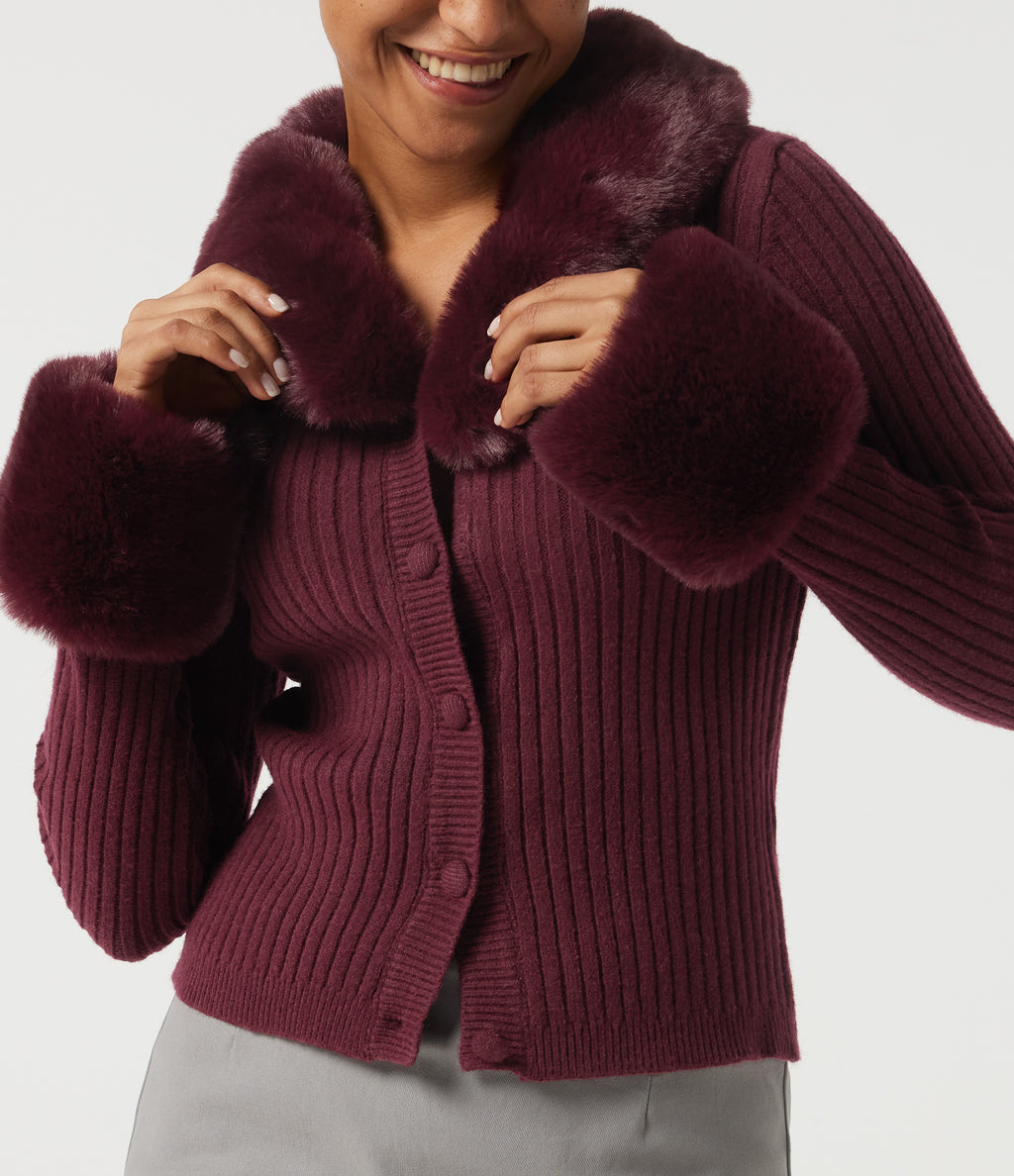 Ribbed Knit Round Neck Long Sleeve Casual Cardigan — Zinfandel — view 5