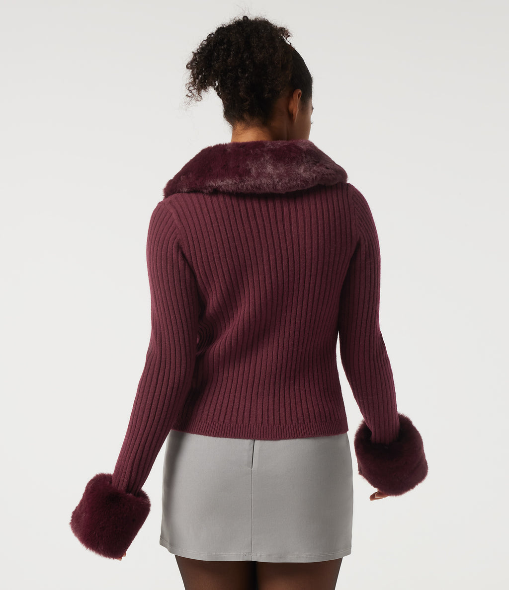 Ribbed Knit Round Neck Long Sleeve Casual Cardigan — Zinfandel — view 2