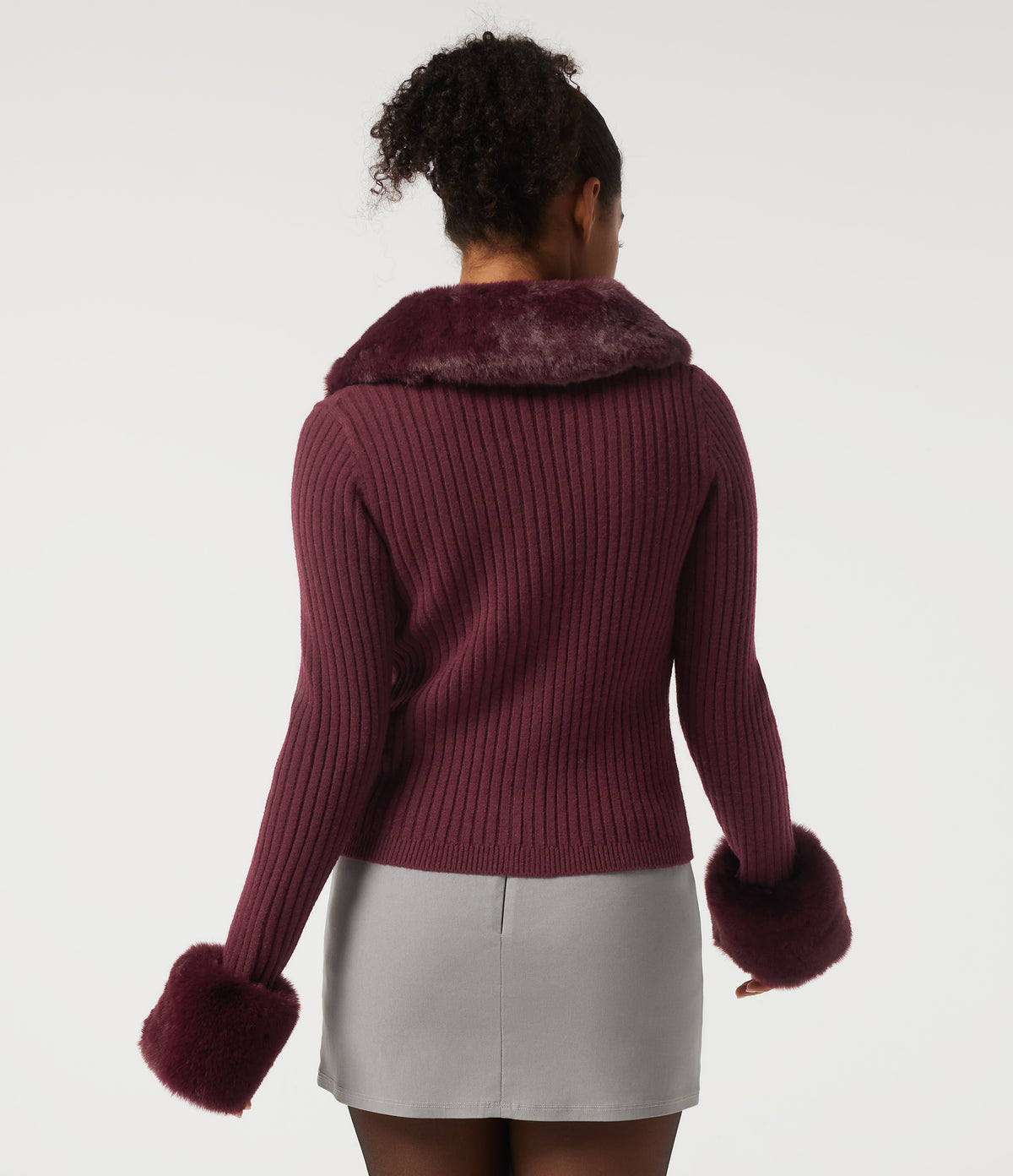 Ribbed Knit Round Neck Long Sleeve Casual Cardigan — Zinfandel — view 2