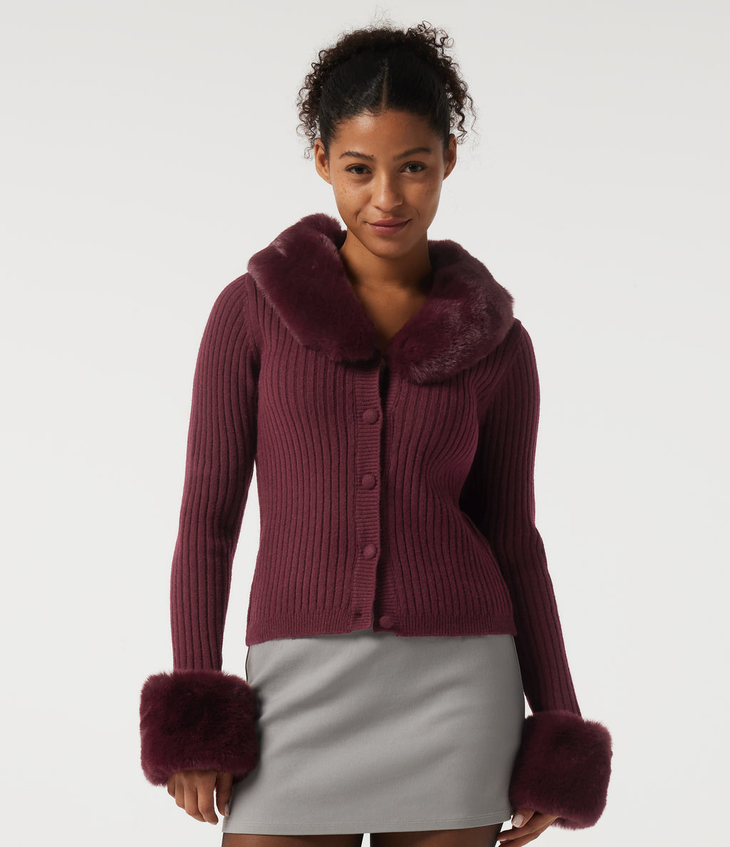 Ribbed Knit Round Neck Long Sleeve Casual Cardigan — Zinfandel — view 1