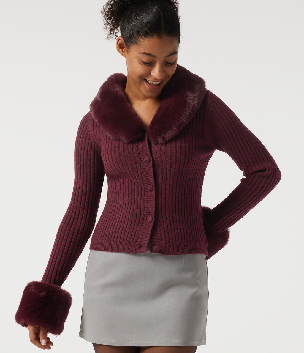 Ribbed Knit Round Neck Long Sleeve Casual Cardigan — Zinfandel — view 4
