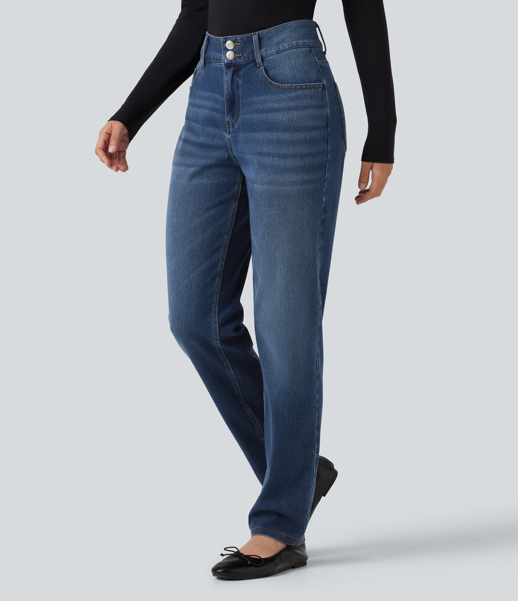 Mid Rise Straight Leg Casual Cotton Jeans with Pockets — Tide Blue Denim — view 3