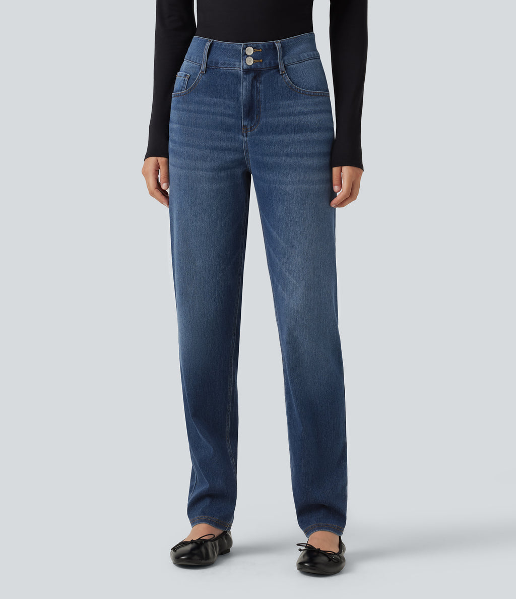 Mid Rise Straight Leg Casual Cotton Jeans with Pockets — Tide Blue Denim — view 1