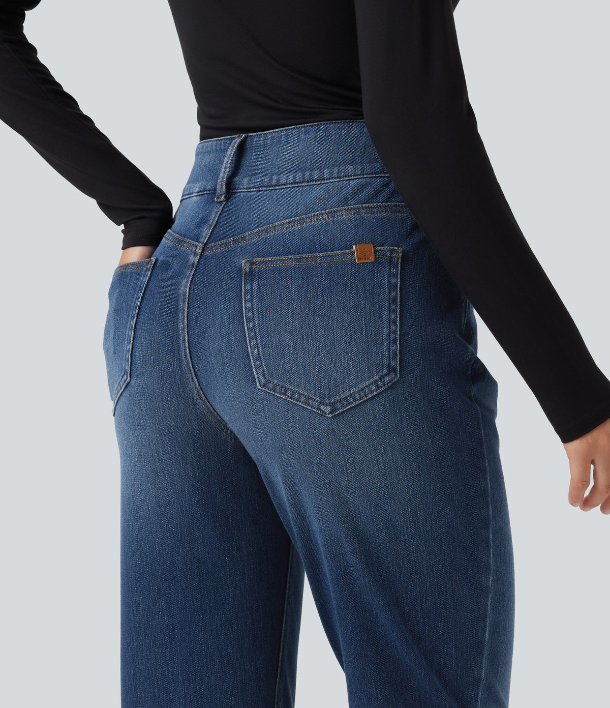 Mid Rise Straight Leg Casual Cotton Jeans with Pockets — Tide Blue Denim — view 5