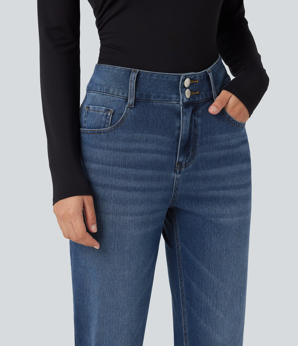 Mid Rise Straight Leg Casual Cotton Jeans with Pockets — Tide Blue Denim — view 4