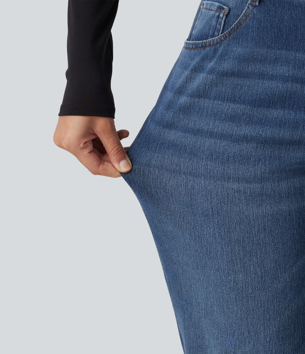 Mid Rise Straight Leg Casual Cotton Jeans with Pockets — Tide Blue Denim — view 6