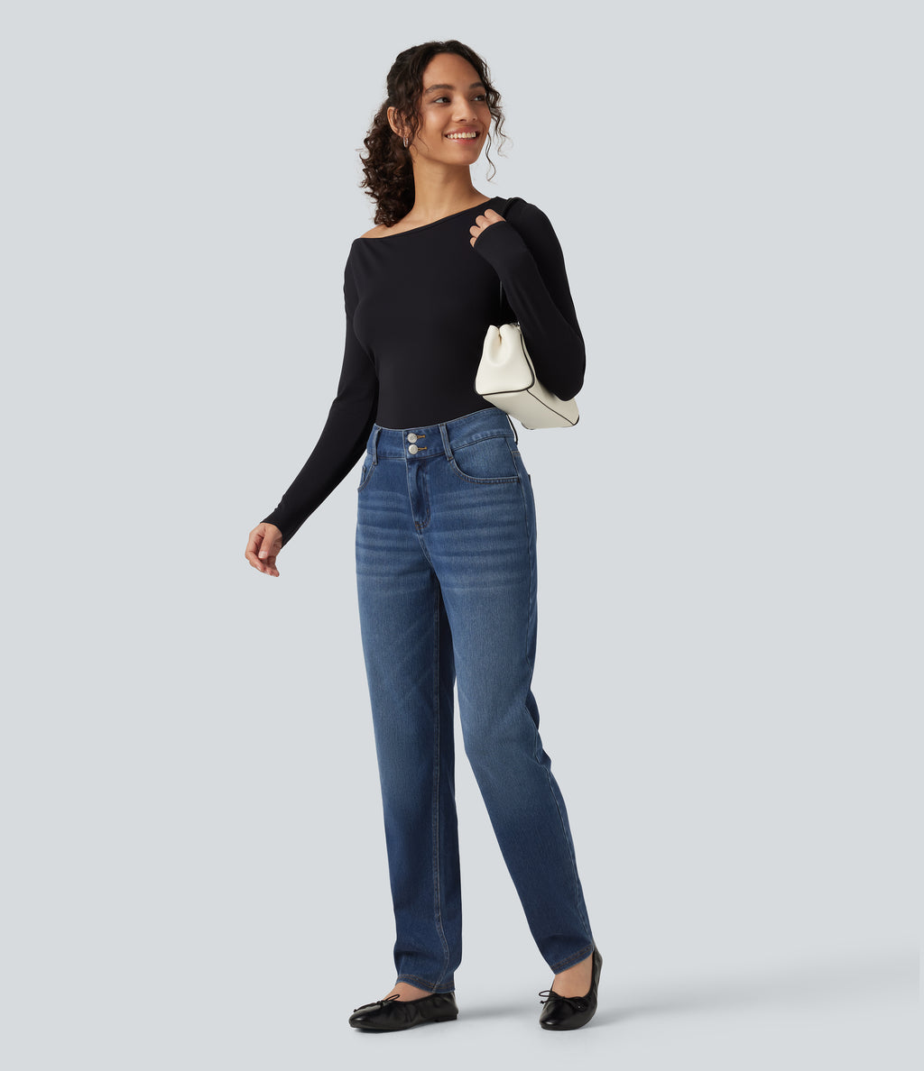 Mid Rise Straight Leg Casual Cotton Jeans with Pockets — Tide Blue Denim — view 7
