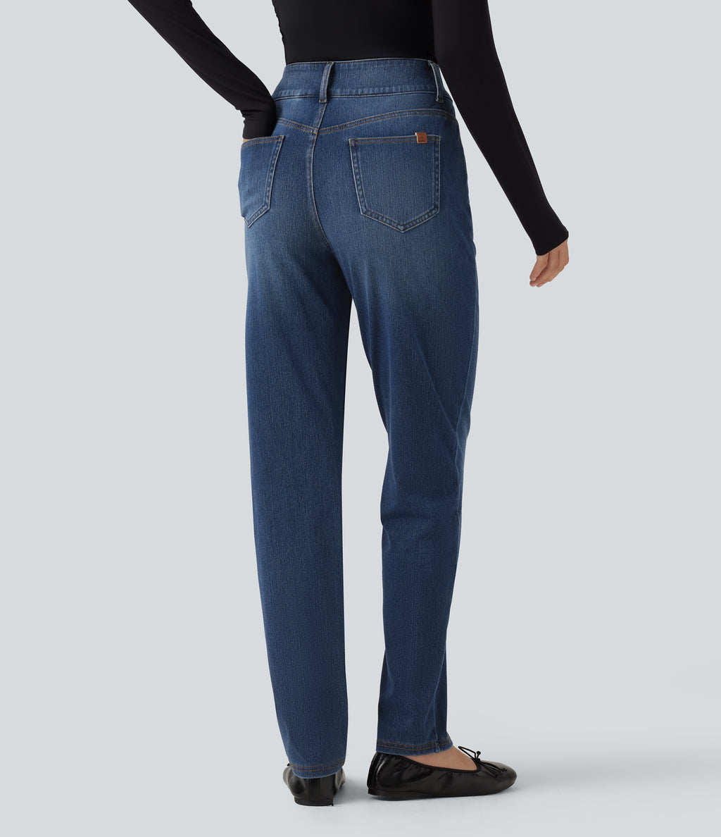 Mid Rise Straight Leg Casual Cotton Jeans with Pockets — Tide Blue Denim — view 2