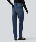 Mid Rise Straight Leg Casual Cotton Jeans with Pockets — Tide Blue Denim — view 2