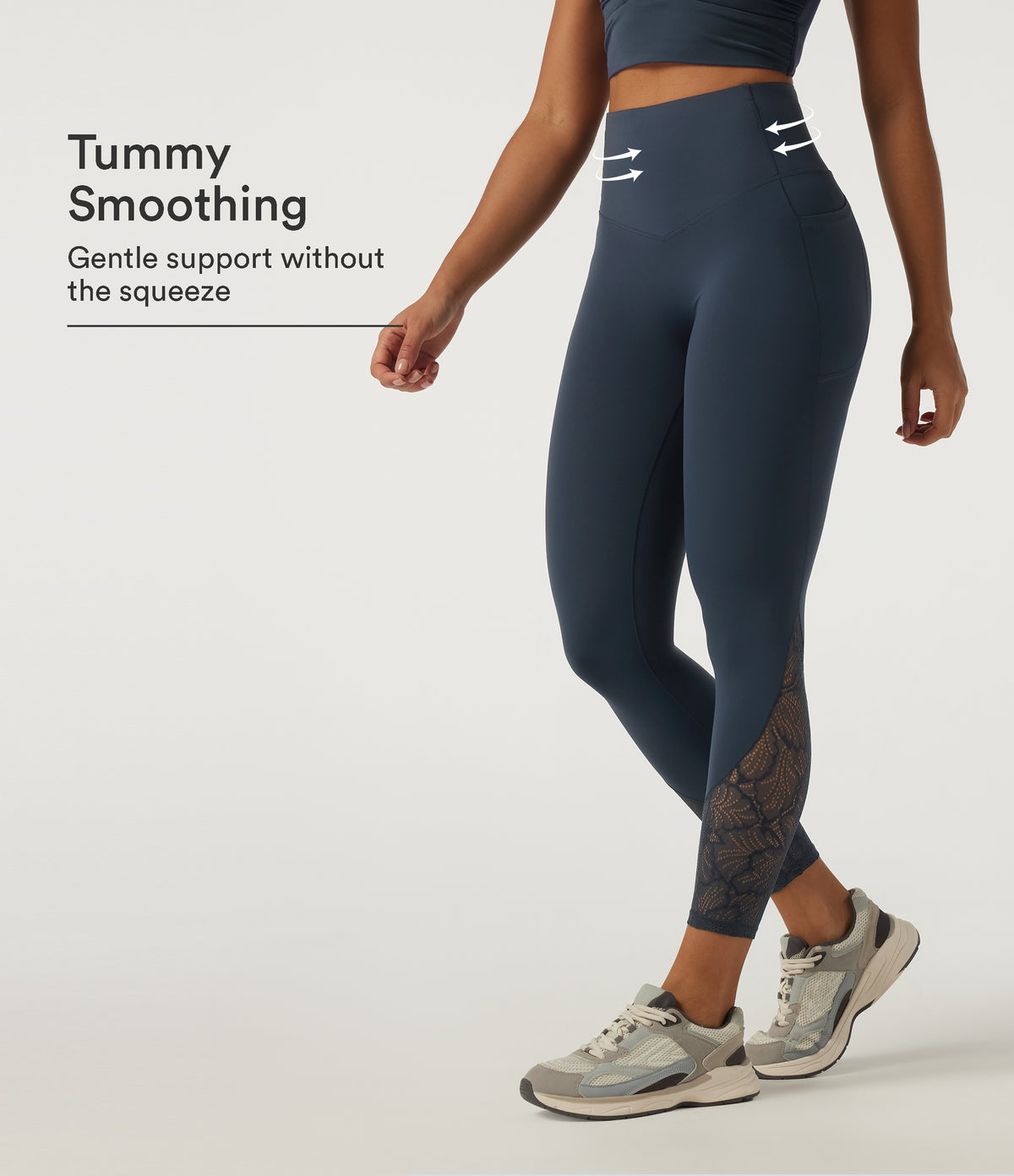 High Waisted Contrast Lace Tummy Control Yoga Leggings with Pockets — Carbon — view 1