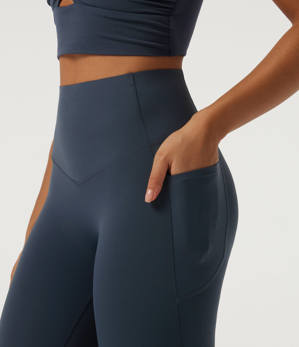 High Waisted Contrast Lace Tummy Control Yoga Leggings with Pockets — Carbon — view 4